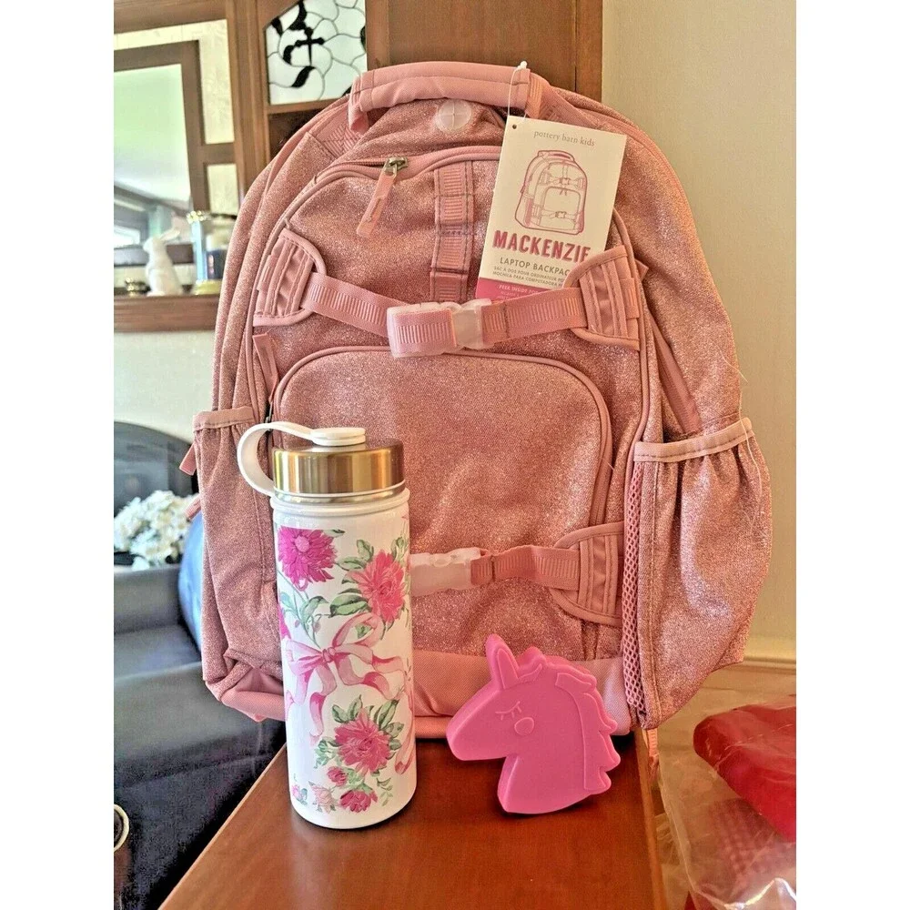 School Pottery barn kids LARGE BACKPACK LUNCH WATER Glitter Floral Bag Travel .